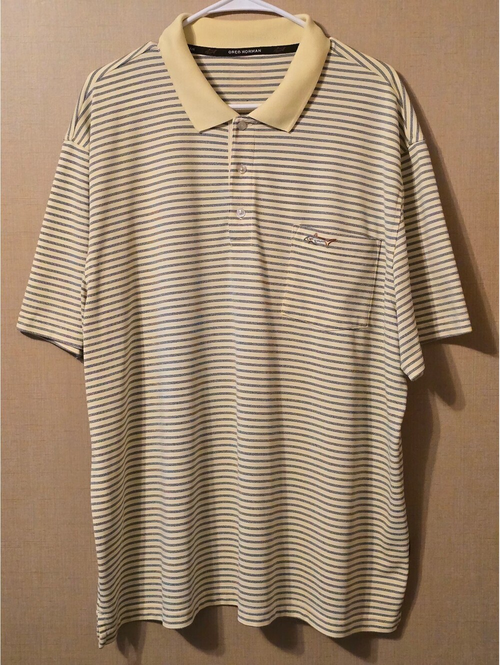 Greg Norman for Tasso Elba Men's Polo Shirt 2XL Yellow Blue Striped Golf Pocket
